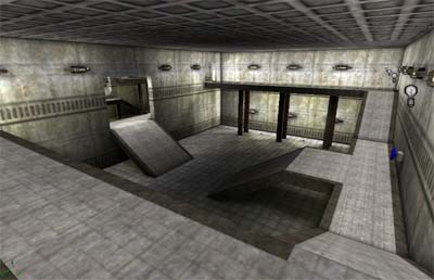 Switch room, looking outward towards the "foyer" of the base, the switch is the blue wheel on the right of the picture.