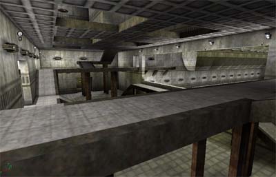 The foyer of red base, looking across the room, the walkways curving up into the ceiling are the exits of the jail, which is through the "holes" in the roof (which will have glass eventually). Also, the large opening to the main "hallway" is a window and will be filled with glass.